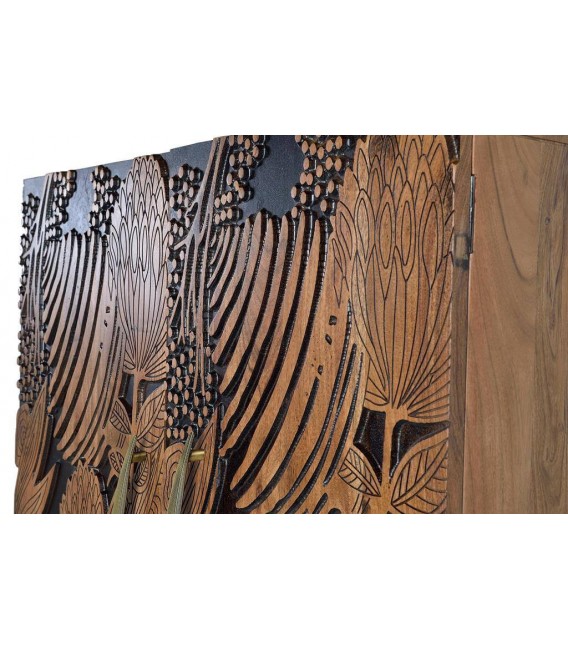 MUEBLE BAR MADERA ACACIA TALLADA NATURAL Y NEGRO