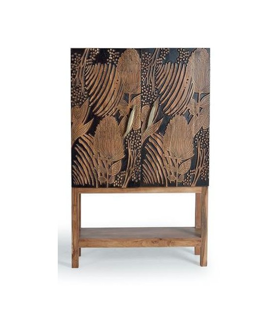 MUEBLE BAR MADERA ACACIA TALLADA NATURAL Y NEGRO