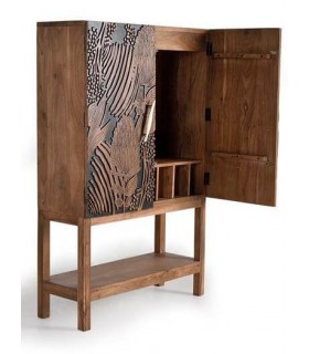 MUEBLE BAR MADERA ACACIA TALLADA NATURAL Y NEGRO