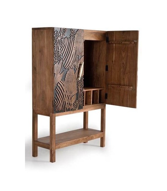 MUEBLE BAR MADERA ACACIA TALLADA NATURAL Y NEGRO