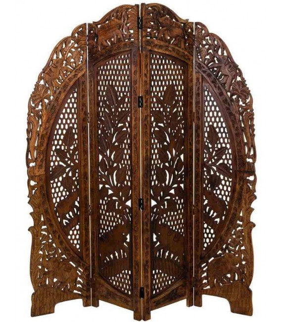 Biombo de madera de mango nogal con cuatro hojas talladas