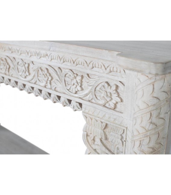 Consola de entrada étnica en madera tallada blanca decapada2