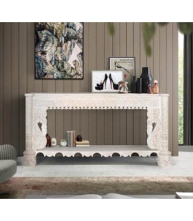 Consola de entrada étnica en madera tallada blanca decapada Mdmhogar