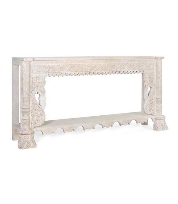 Consola de entrada étnica en madera tallada blanca decapada