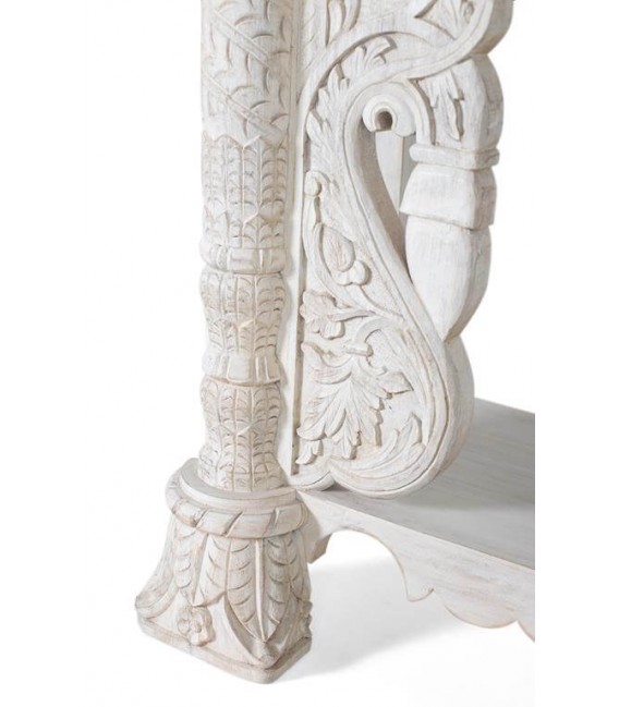 Consola de entrada étnica en madera tallada blanca decapada4