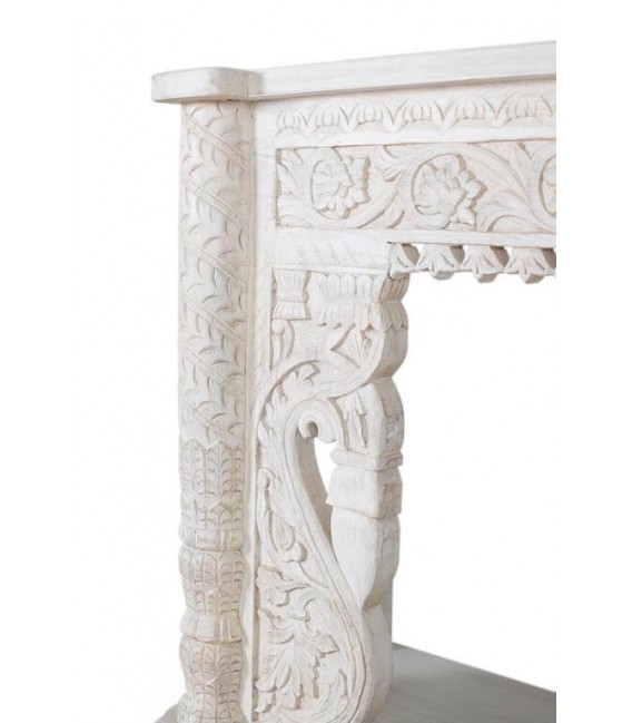 Consola de entrada étnica en madera tallada blanca decapada3
