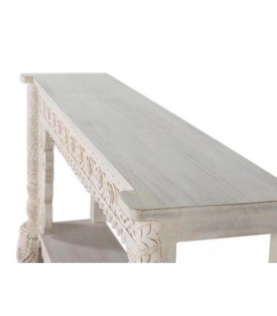 Consola de entrada étnica en madera tallada blanca decapada1