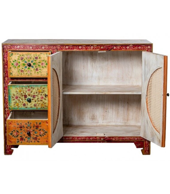 APARADOR PEQUEÑO MADERA DECORADA A MANO Y RATAN MDMHOGAR