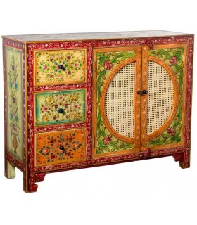 APARADOR PEQUEÑO MADERA DECORADA A MANO Y RATAN MDMHOGAR