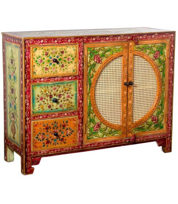 APARADOR PEQUEÑO MADERA DECORADA A MANO Y RATAN MDMHOGAR