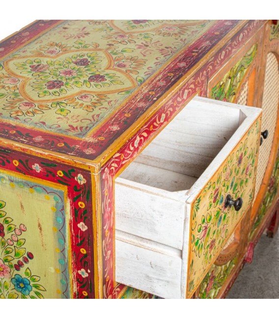 APARADOR PEQUEÑO MADERA DECORADA A MANO Y RATAN MDMHOGAR