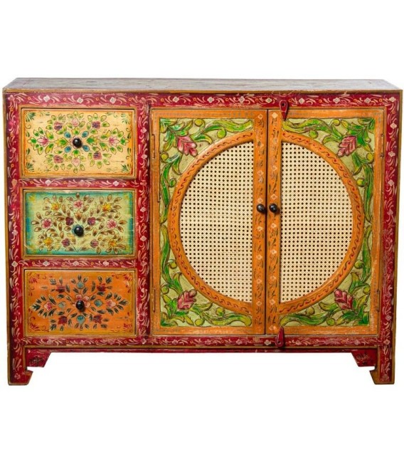 APARADOR PEQUEÑO MADERA DECORADA A MANO Y RATAN MDMHOGAR
