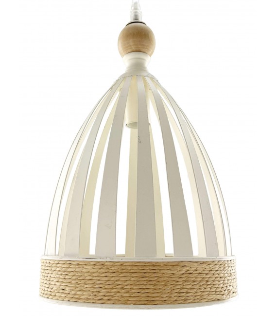 LAMPARA DE TECHO 1 LUZ METAL BLANCO MADERA Y CUERDA NATURAL