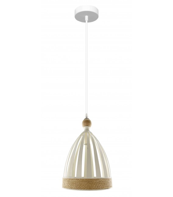 LAMPARA DE TECHO 1 LUZ METAL BLANCO MADERA Y CUERDA NATURAL
