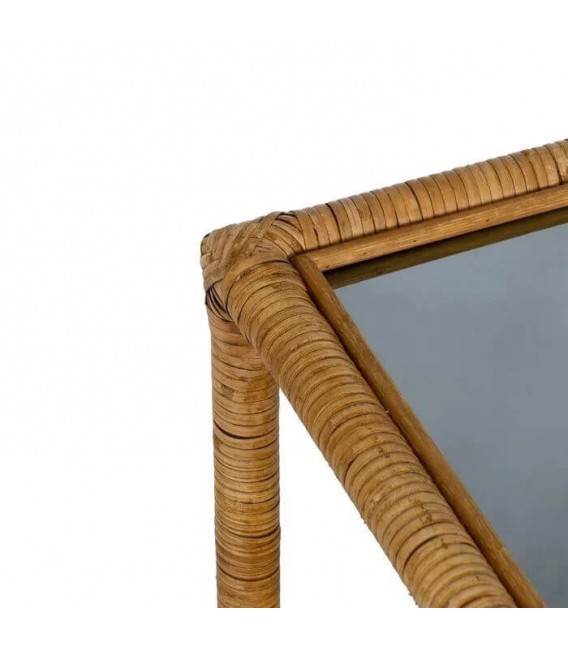 MESA DE CENTRO PEQUEÑA  RATAN NATURAL TRENZADO Y CRISTAL AHUMADO