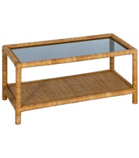 MESA DE CENTRO PEQUEÑA  RATAN NATURAL TRENZADO Y CRISTAL AHUMADO