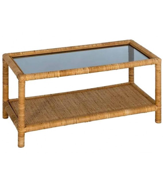 MESA DE CENTRO PEQUEÑA  RATAN NATURAL TRENZADO Y CRISTAL AHUMADO