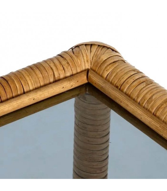 MESA DE CENTRO PEQUEÑA  RATAN NATURAL TRENZADO Y CRISTAL AHUMADO