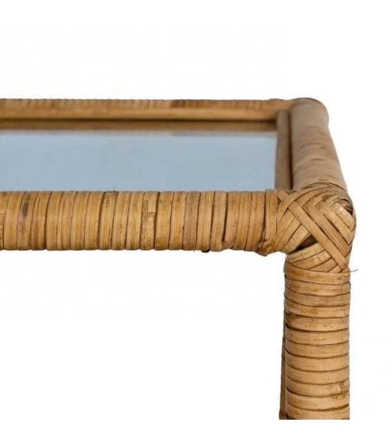 MESA DE CENTRO PEQUEÑA  RATAN NATURAL TRENZADO Y CRISTAL AHUMADO