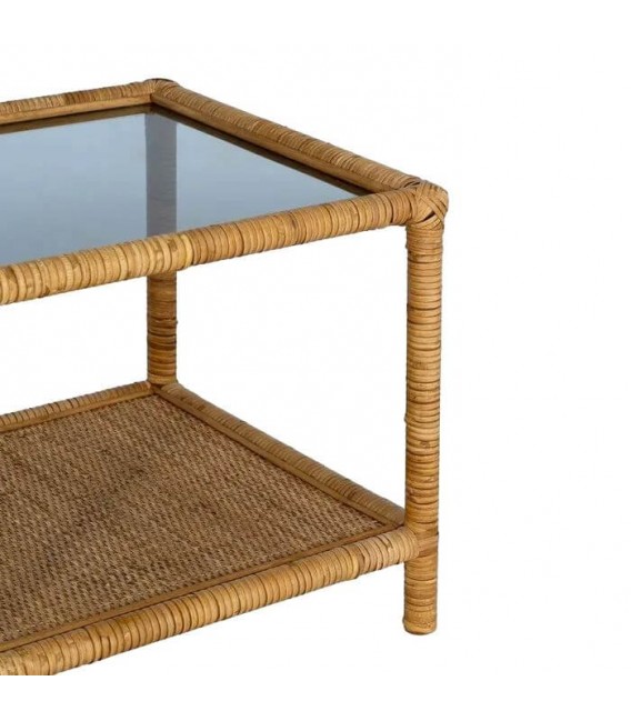 MESA DE CENTRO PEQUEÑA  RATAN NATURAL TRENZADO Y CRISTAL AHUMADO