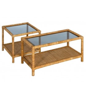 MESA DE CENTRO PEQUEÑA  RATAN NATURAL TRENZADO Y CRISTAL AHUMADO