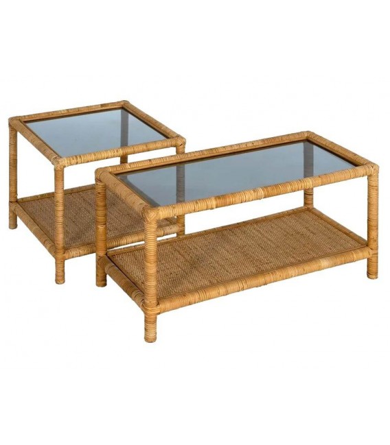 MESA DE CENTRO PEQUEÑA  RATAN NATURAL TRENZADO Y CRISTAL AHUMADO