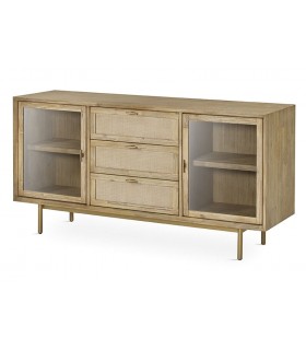 APARADOR 2 PUERTAS CRISTAL 3 CAJONES MADERA NATURAL METAL DORADO