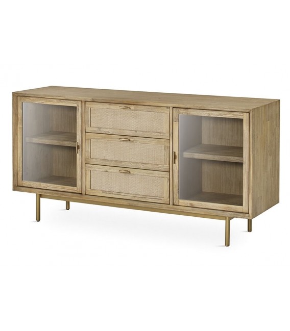 APARADOR 2 PUERTAS CRISTAL 3 CAJONES MADERA NATURAL METAL DORADO