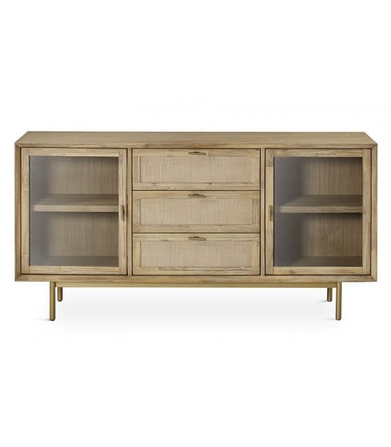 APARADOR 2 PUERTAS CRISTAL 3 CAJONES MADERA NATURAL METAL DORADO