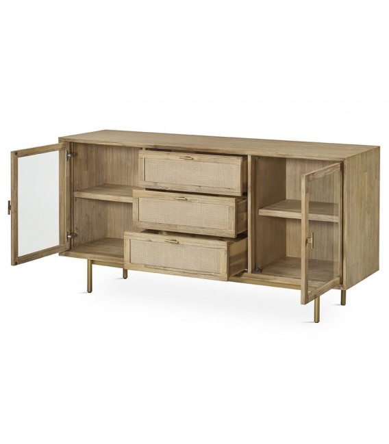 APARADOR 2 PUERTAS CRISTAL 3 CAJONES MADERA NATURAL METAL DORADO