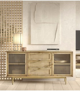 APARADOR 2 PUERTAS CRISTAL 3 CAJONES MADERA NATURAL METAL DORADO