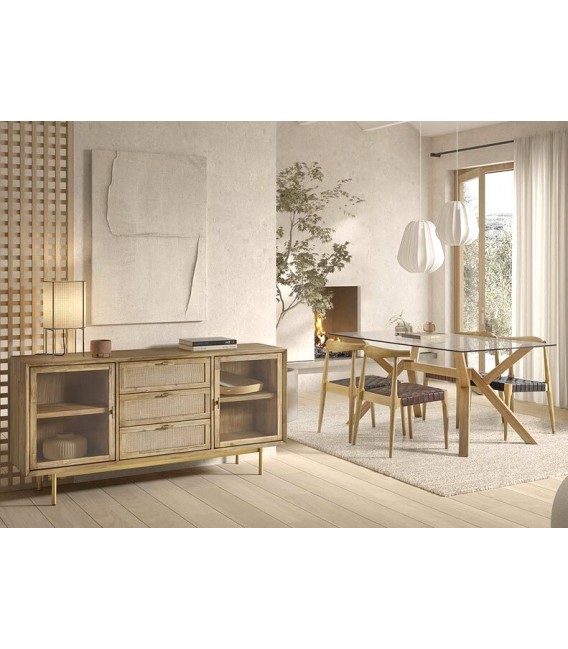 APARADOR 2 PUERTAS CRISTAL 3 CAJONES MADERA NATURAL METAL DORADO