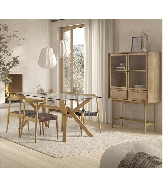 VITRINA 2 PUERTAS 2 CAJONES MADERA Y RATAN NATURAL METAL DORADO