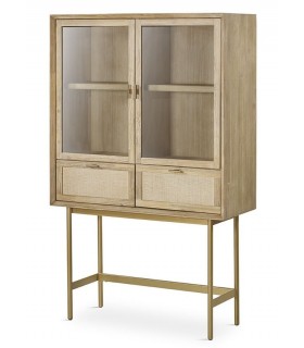VITRINA 2 PUERTAS 2 CAJONES MADERA Y RATAN NATURAL METAL DORADO