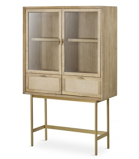 VITRINA 2 PUERTAS 2 CAJONES MADERA Y RATAN NATURAL METAL DORADO
