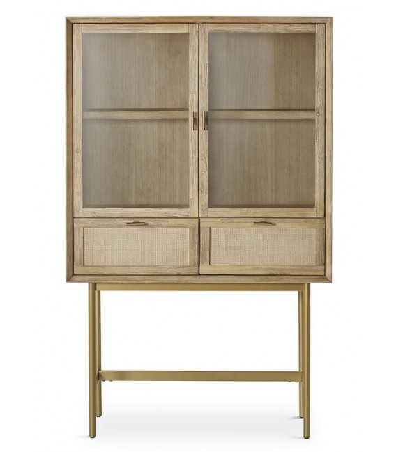 VITRINA 2 PUERTAS 2 CAJONES MADERA Y RATAN NATURAL METAL DORADO