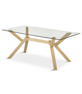 MESA DE COMEDOR RECTANGULAR GRANDE MADERA NATURAL Y CRISTAL