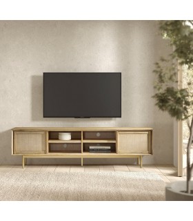 MUEBLE DE TV GRANDE 2 PUERTAS MADERA NATURAL METAL DORADO