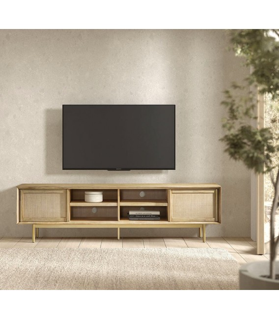 MUEBLE DE TV GRANDE 2 PUERTAS MADERA NATURAL METAL DORADO