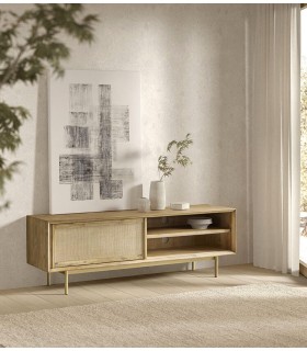 MUEBLE DE TV MEDIANO MADERA NATURAL METAL DORADO