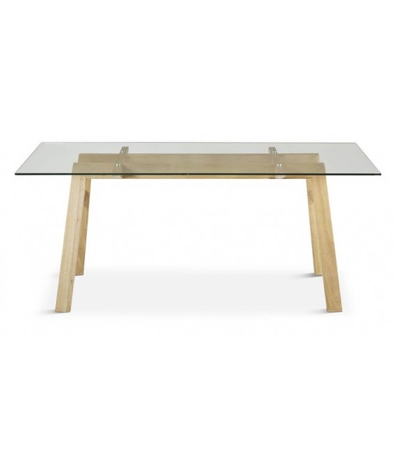 MESA DE COMEDOR RECTANGULAR MADERA NATURAL Y CRISTAL