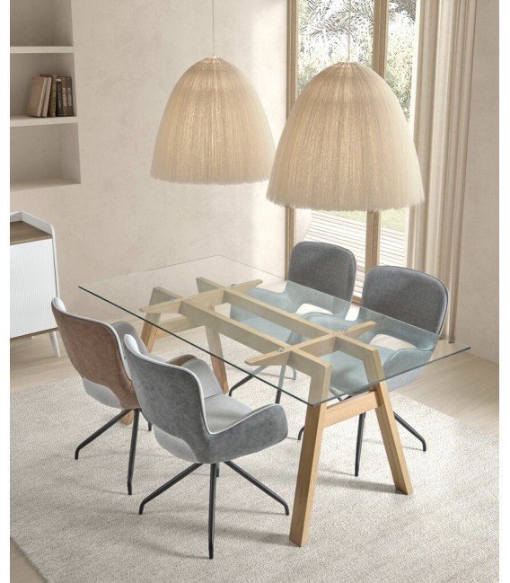 MESA DE COMEDOR RECTANGULAR MADERA NATURAL Y CRISTAL