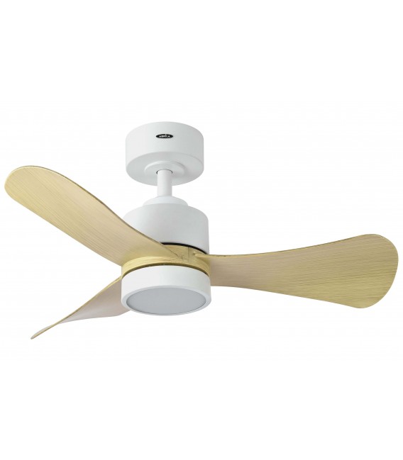 VENTILADOR SILENCIOSO LED INTEGRADO METAL BLANCO ABS IMITACION ROBLE