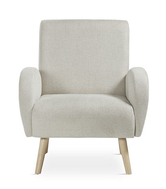 BUTACA COMODA ESTILO NORDICO TAPIZADO BEIGE PATAS MADERA NATURAL