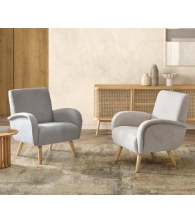 BUTACA COMODA ESTILO NORDICO TAPIZADO BEIGE PATAS MADERA NATURAL