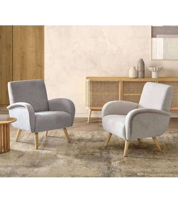 BUTACA COMODA ESTILO NORDICO TAPIZADO BEIGE PATAS MADERA NATURAL