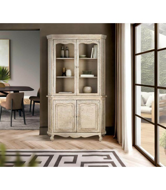 VITRINA ESTILO CLASICO MADERA DECAPADA EN COLOR CREMA