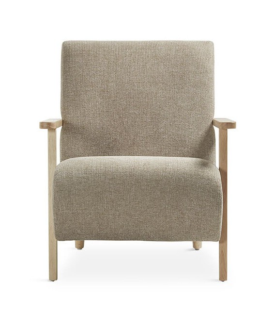 BUTACA COMODA ESTILO NORDICO TAPIZADO MARRON PATAS MADERA NATURAL