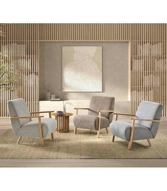 BUTACA COMODA ESTILO NORDICO TAPIZADO MARRON PATAS MADERA NATURAL