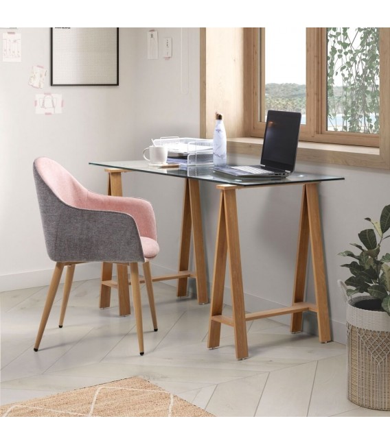 SILLON COMEDOR COMODO ESTILO NORDICO GRIS Y ROSA PATAS MADERA